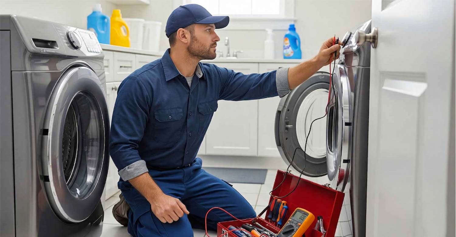 Técnico reparando lavadora a domicilio en Medellín